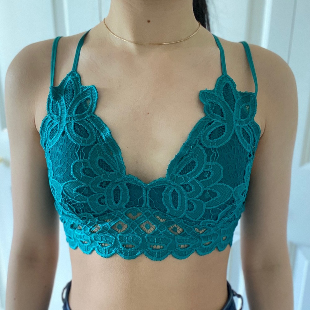 LACEY - Dark Teal V Neck Criss Cross Back Lace Bralette - Picture 4 of 7